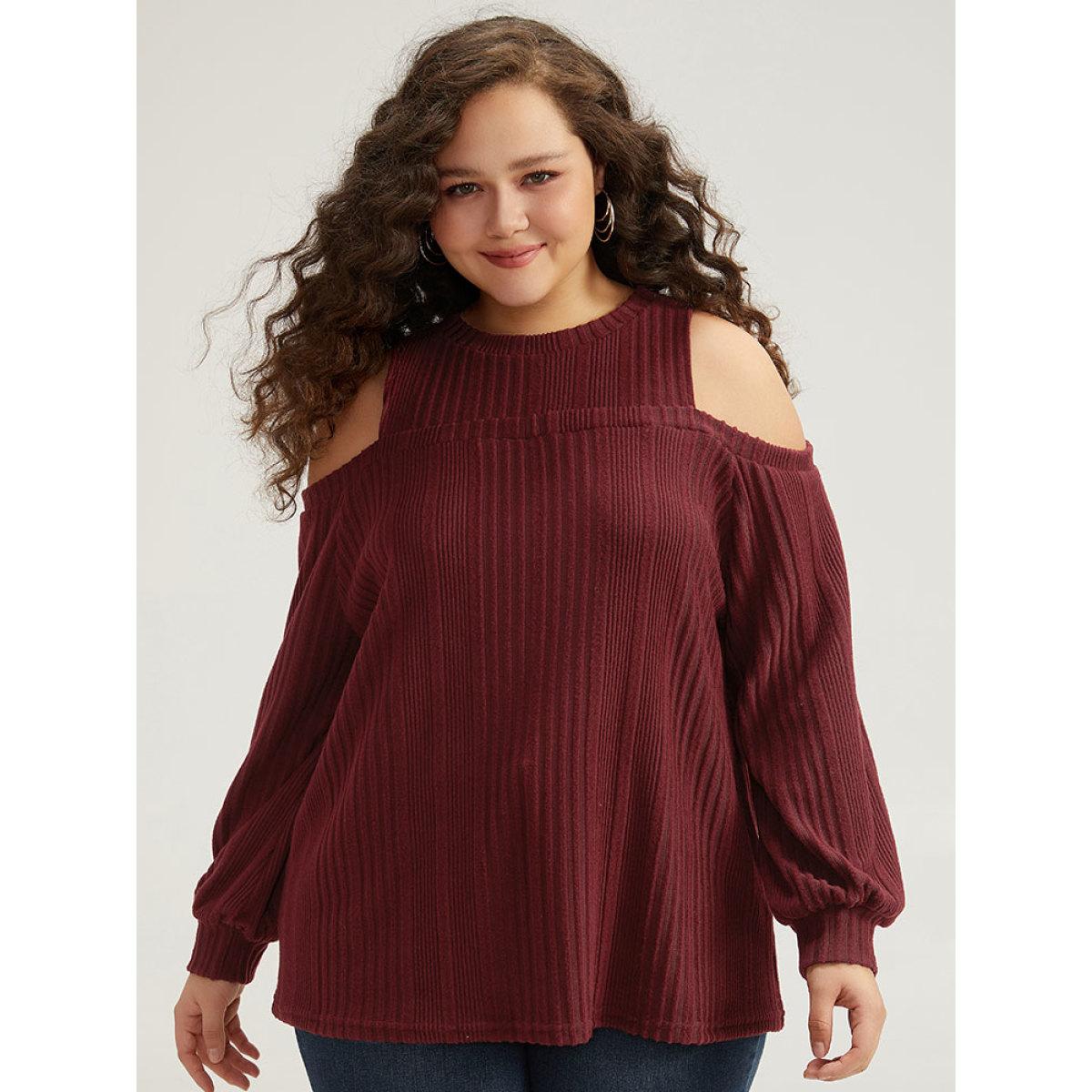 Plus Size Plain Rib Knit Elastic Cuffs Cold Shoulder Sweatshirt Women Scarlet Elegant Elastic cuffs Round Neck Dailywear Sweatshirts BloomChic 14-16/1X Product Image