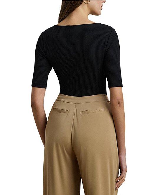 Lauren Ralph Lauren Rib-Knit Cotton Blend Scoop Neck Elbow Sleeve Fitted Tee Product Image