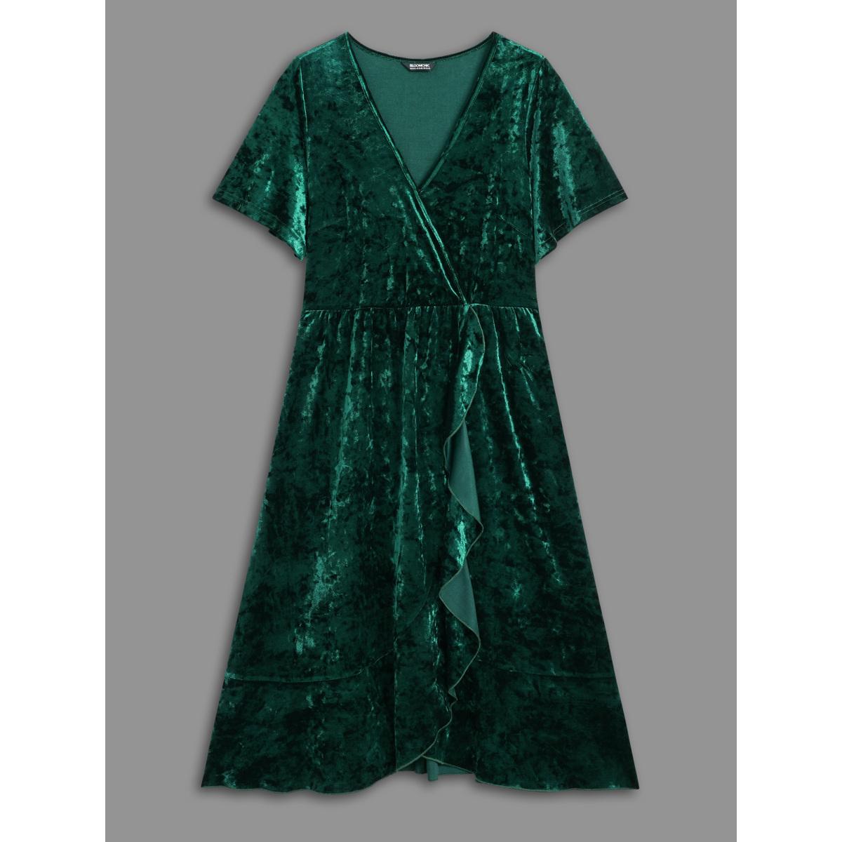 Plus Size Velvet Surplice Neckline Ruffle Sleeves Midi Dress DarkGreen Women Party&Cocktail Texture Overlap Collar Short sleeve Curvy BloomChic 14-16/1X Product Image