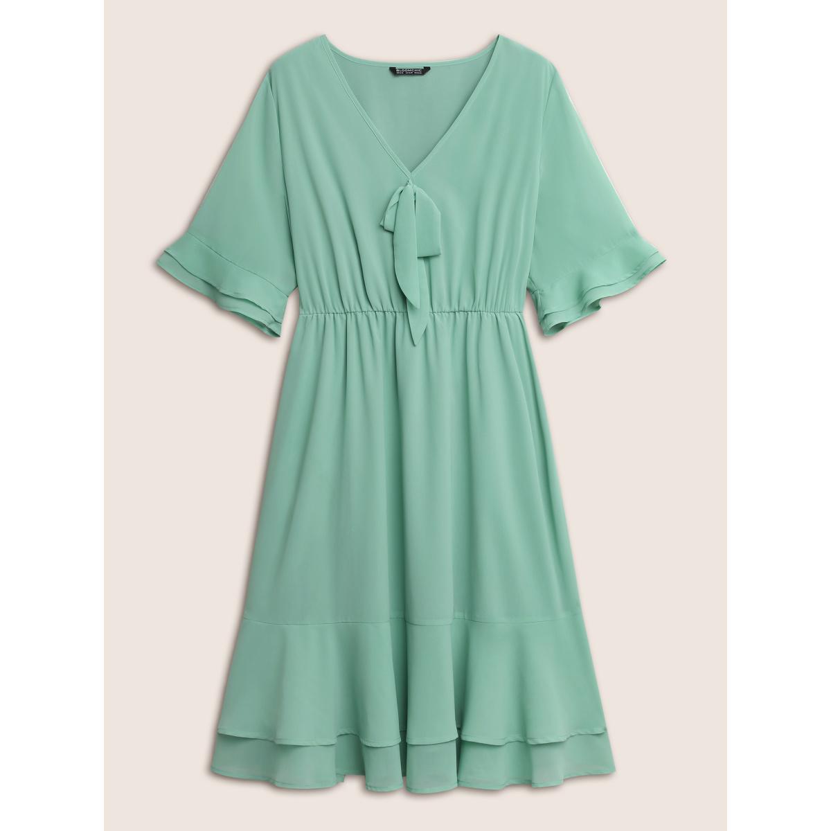 Plus Size Solid Bowknot Patchwork Tiered Ruffle Sleeve Dress Turquoise Women Elegant Non V-neck Half Sleeve Curvy Midi Dress BloomChic 30/6X Product Image