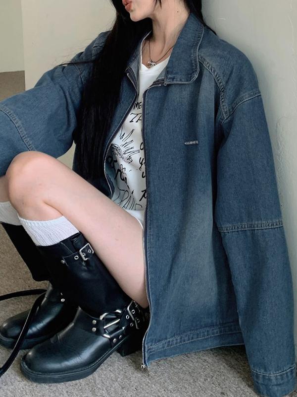 Vintage Blue Lapel Neck Zip Up Denim Jacket Product Image