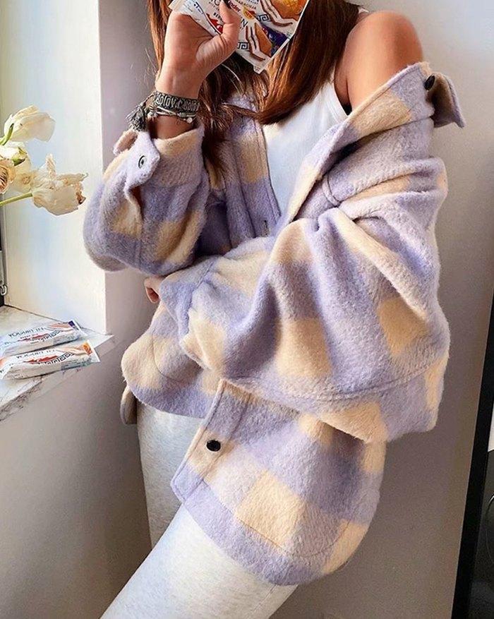 Single-breasted Plaid Loose Coat Product Image