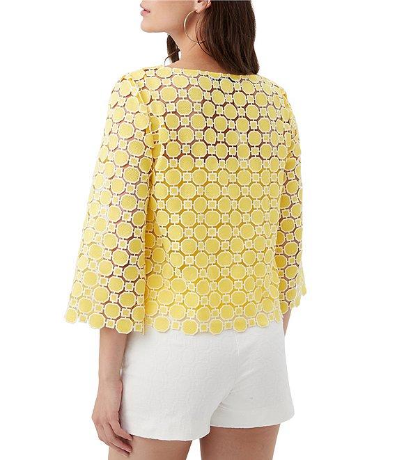 Trina Turk Sun Geometric Lace Boat Neck 3/4 Bell Sleeve Top Product Image