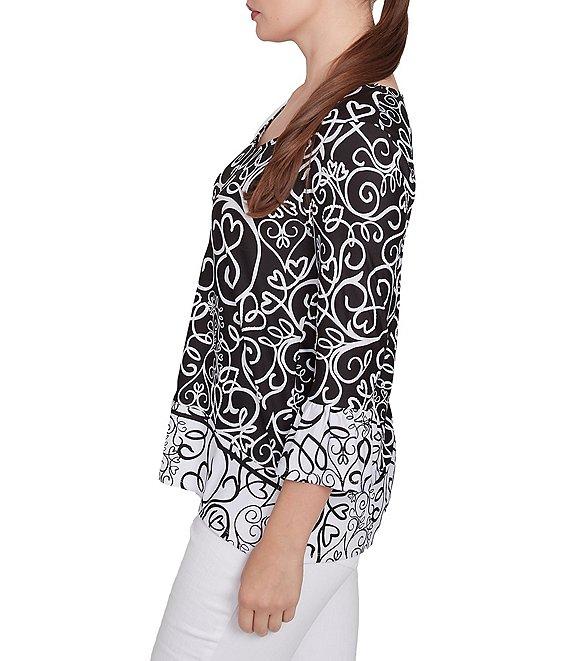 Ruby Rd. Petite Size Whirlwind Heart Border Print Knit Sweetheart Neck 3/4 Sleeve Top Product Image
