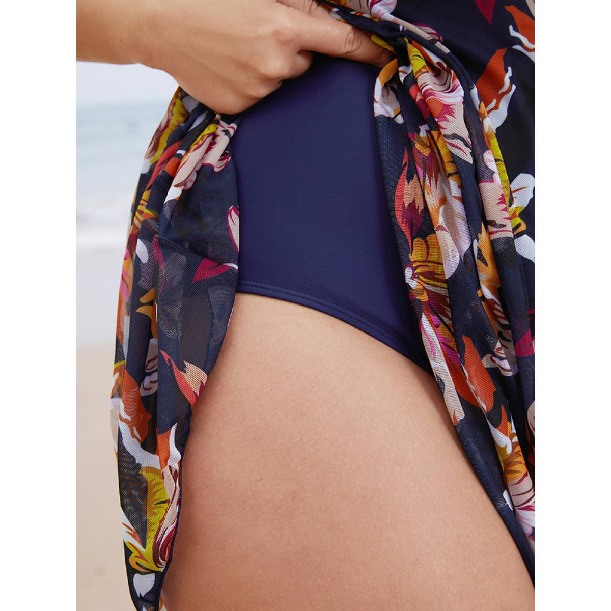 Plus Size Floral Mesh Surplice Neck Ruffles Swim Dress Women's Swimwear Indigo Vacation Bodycon V-neck High stretch Curve Swim Dresses BloomChic 26/4X Product Image