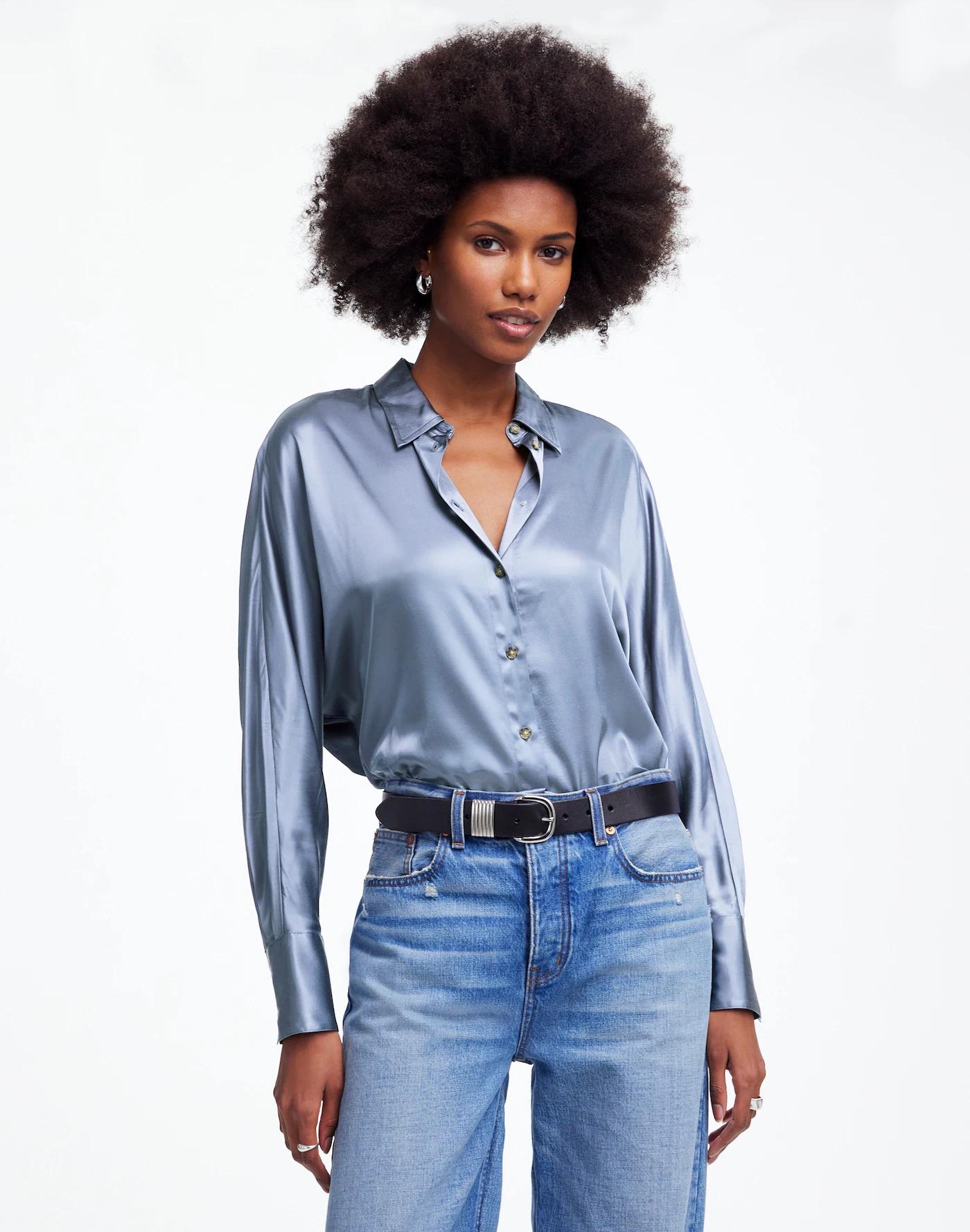Relaxed Dolman Button-Up Shirt in Satin Product Image