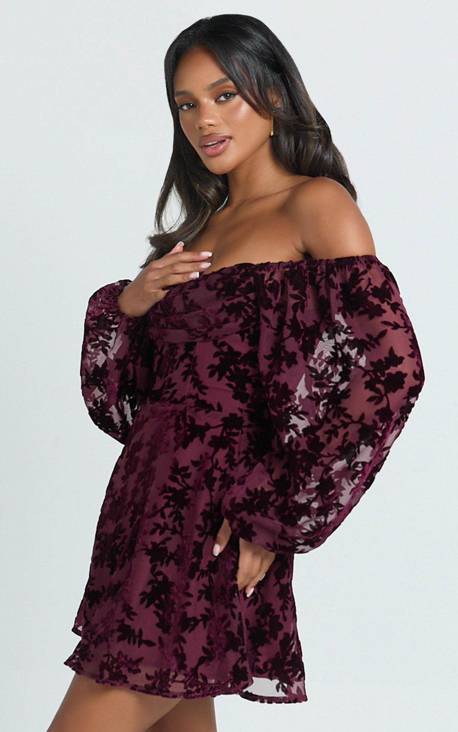 Jessell Mini Dress - Long Sleeve Cowl Corset Dress in Wine Burnout Product Image