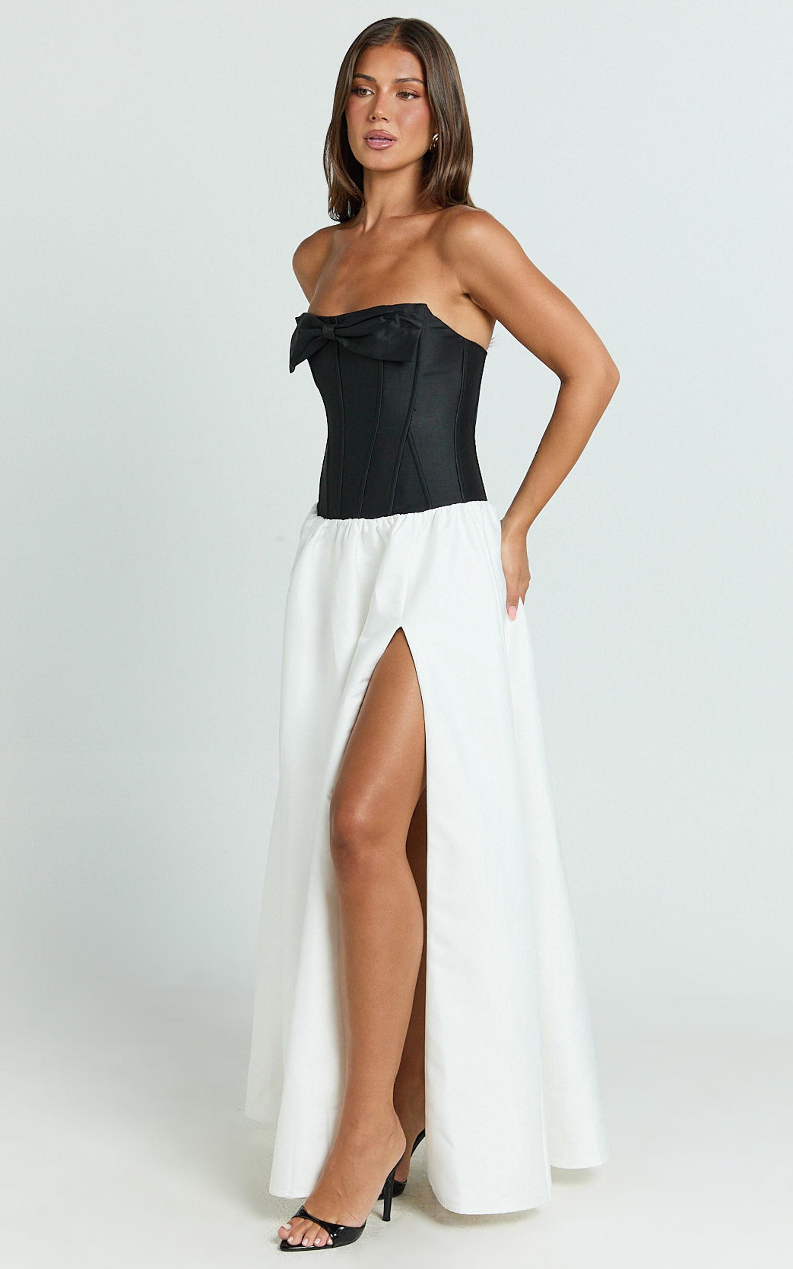 Santana Mini Dress - Strapless Fit And Flare Bubble Hem Dress in Black/White Product Image