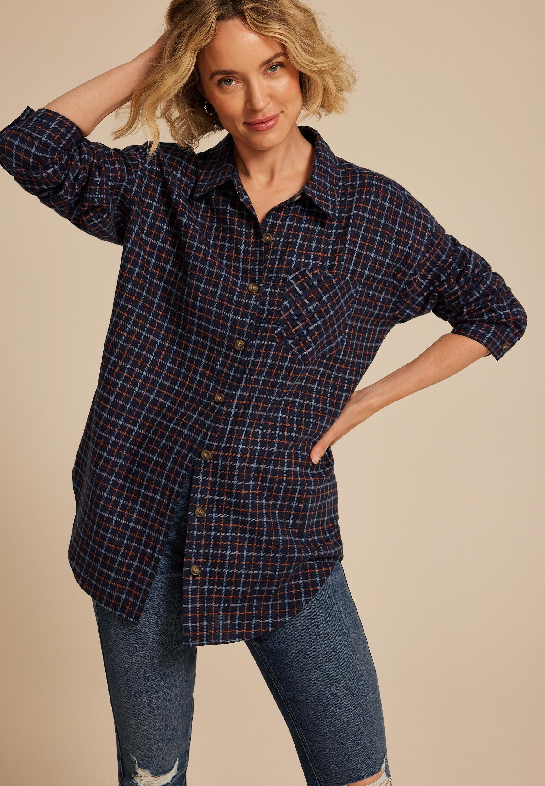 Cabin Plaid Boyfriend Tunic Button Down Shirt Product Image