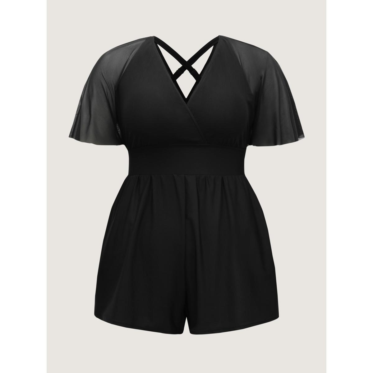 Plus Size Sheer Sleeve Fitted One-Piece Swimsuit Women's Swimwear Black Resort Patchwork Curve Bathing Suits High stretch One Pieces BloomChic 18-20/2X Product Image