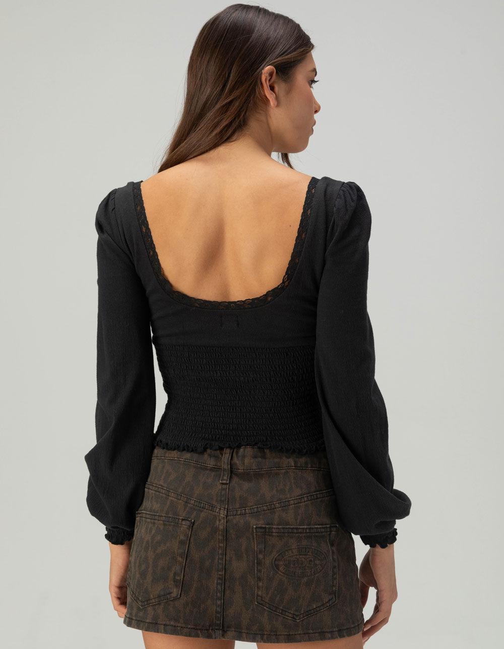 BDG Urban Outfitters Sydney Womens Smocked Long Sleeve Top - BLACK Product Image