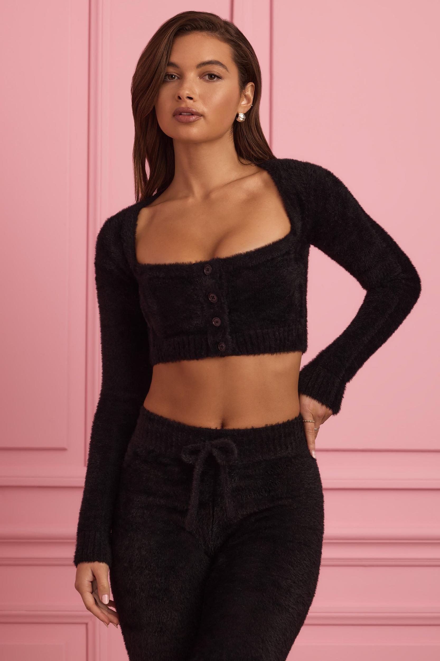 Fluffy Knit Cropped Cardigan in Black Female Product Image