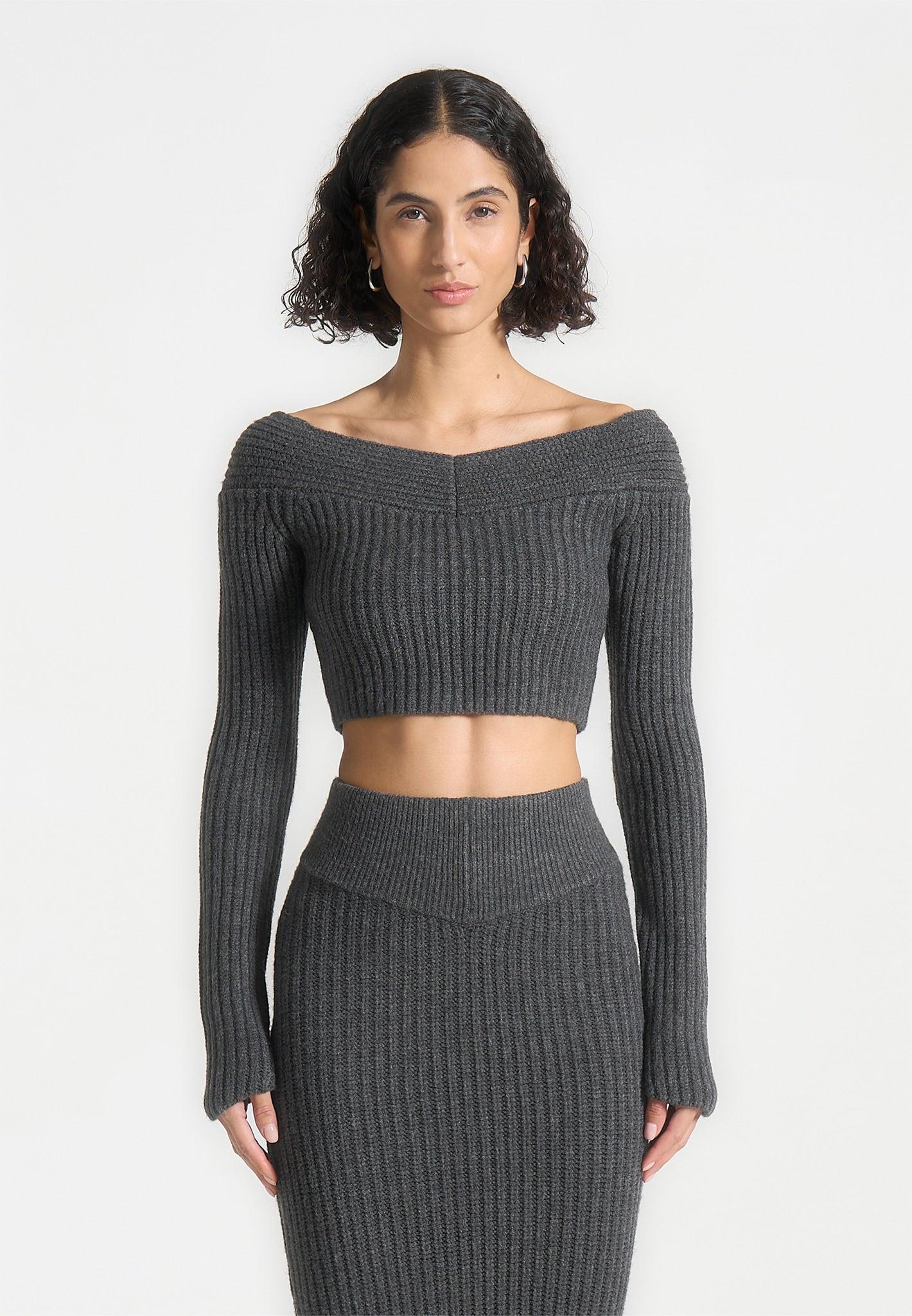 Off Shoulder Knit Crop Top - Grey Marl Female Product Image
