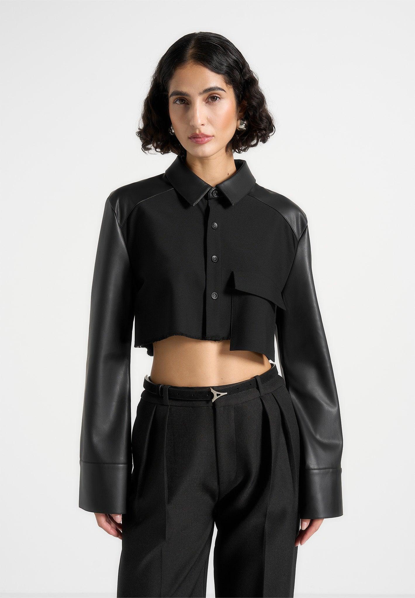 Bernadette - Leather Contrast Cropped Shirt - Black Female Product Image