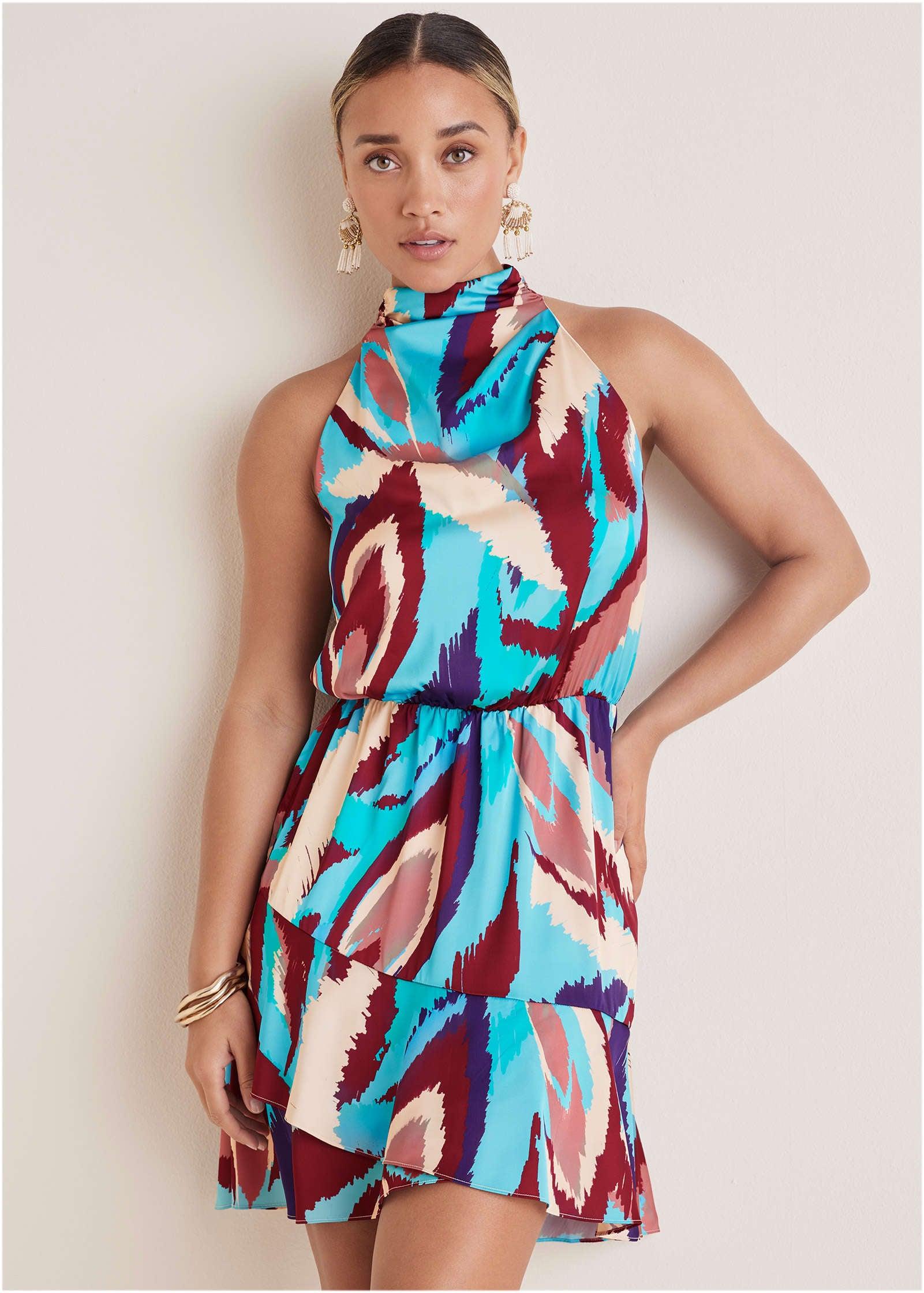 Printed Halter Mini Dress - Ikat Flowers Product Image