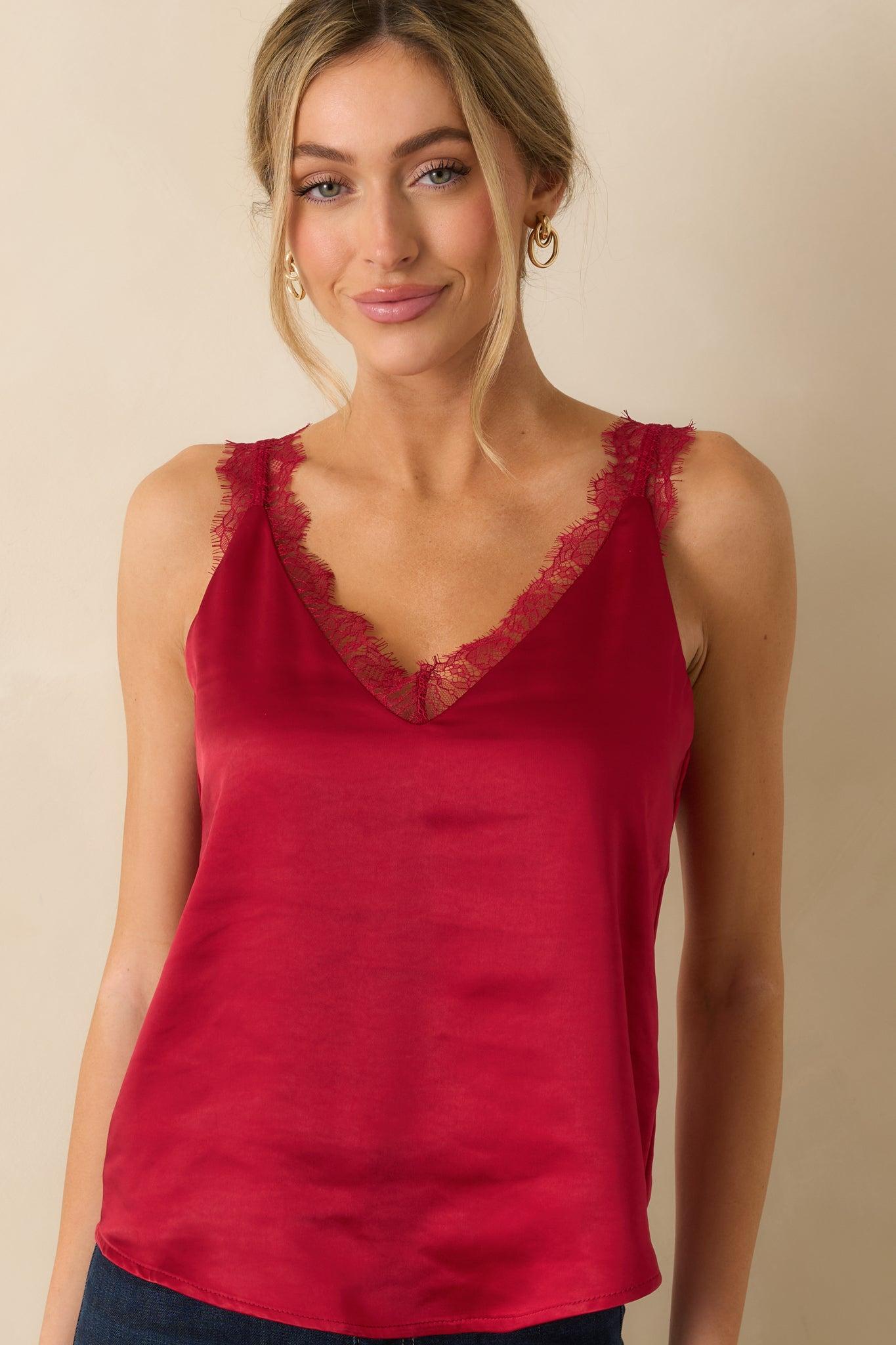 Steal The Show Red Shimmer Lace Trim Cami L / Red Product Image