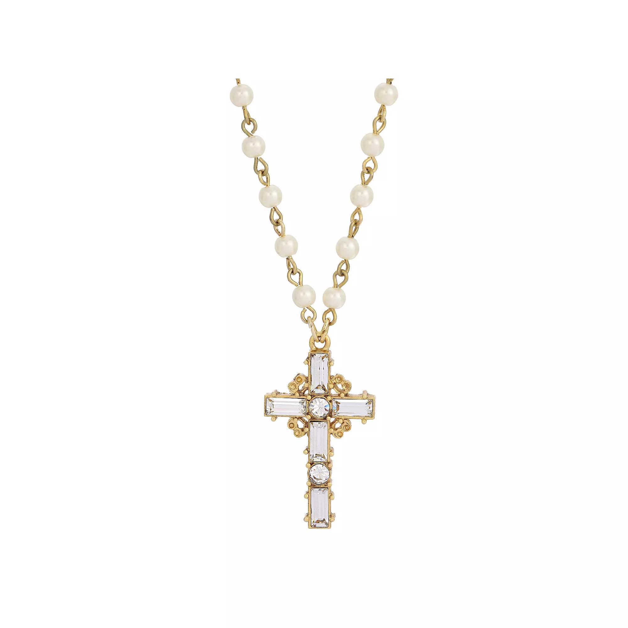 Symbols of Faith Crystal Cross Faux Pearl Necklace, Womens, Gold Tone White Product Image
