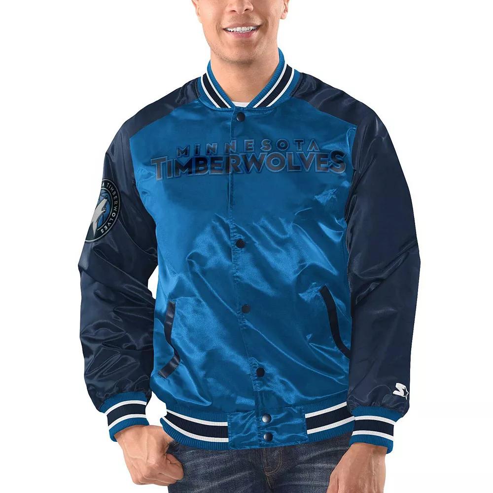 Men's Starter Blue/Navy Minnesota Timberwolves Renegade Satin Full-Snap Varsity Jacket,  Product Image