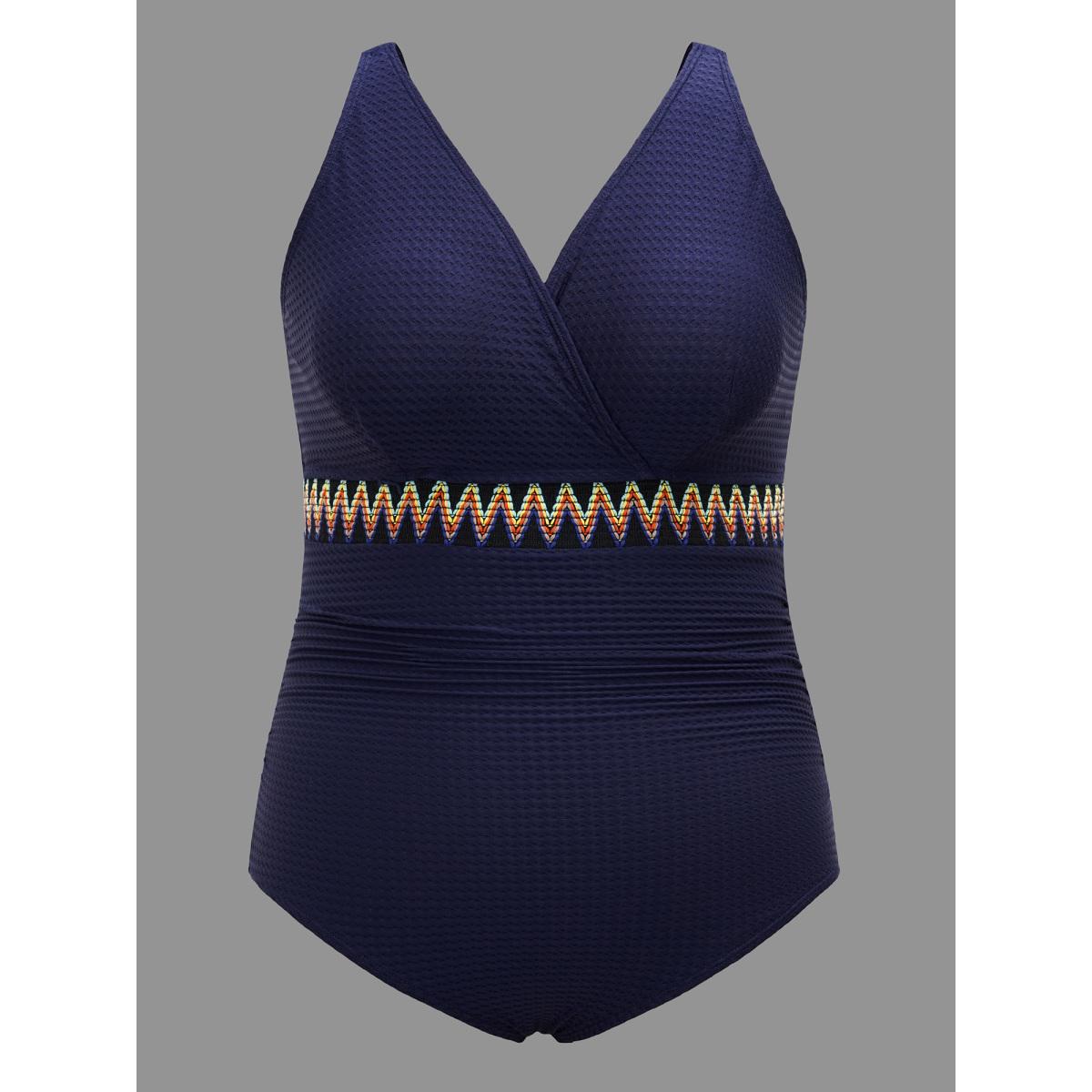 Plus Size Ribbon Detail Halter Neck One-Piece Swimsuit Women's Swimwear Indigo Beach Texture Curve Bathing Suits High stretch One Pieces BloomChic 26/4X Product Image