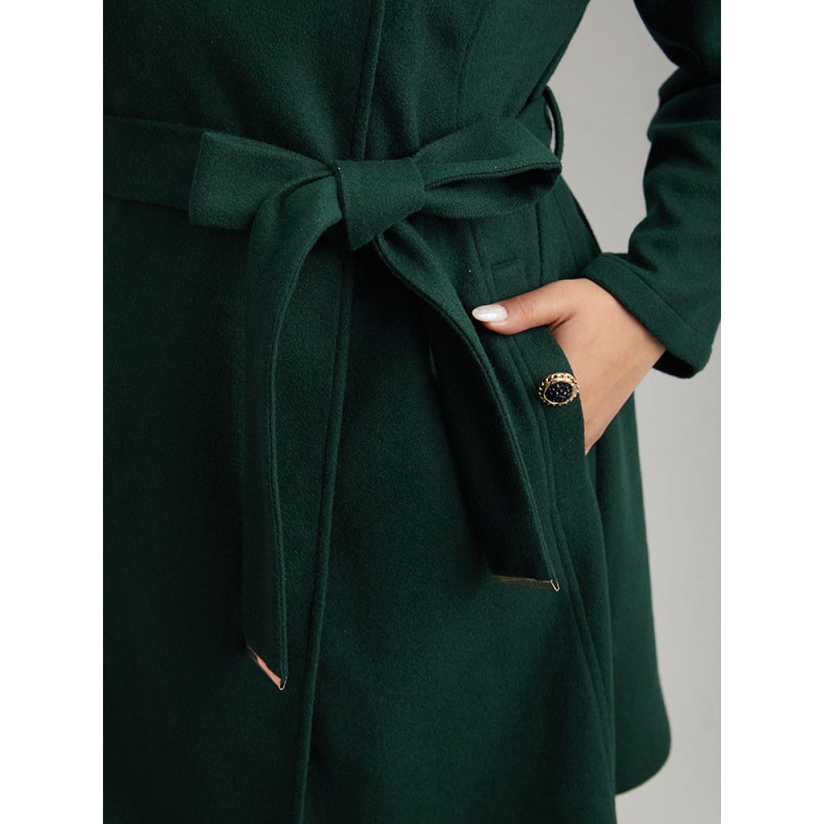 Plus Size Solid Metal Detail Belted Pocket Coat Women DarkGreen Elegant Plain Ladies Everyday Winter Coats BloomChic 28/5X Product Image