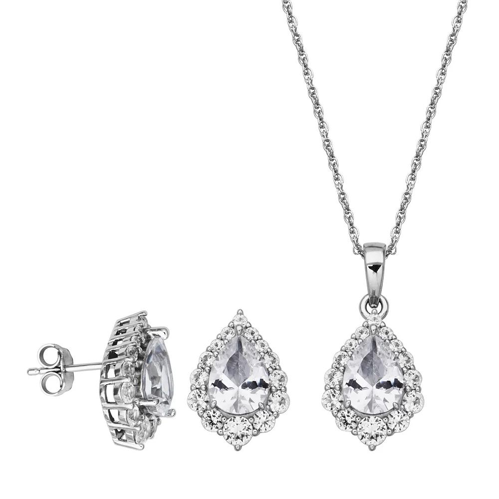 Sterling Silver Lab-Created White Sapphire Marquise Halo Pendant Necklace & Stud Earring Set, Women's, Size: 18" Product Image