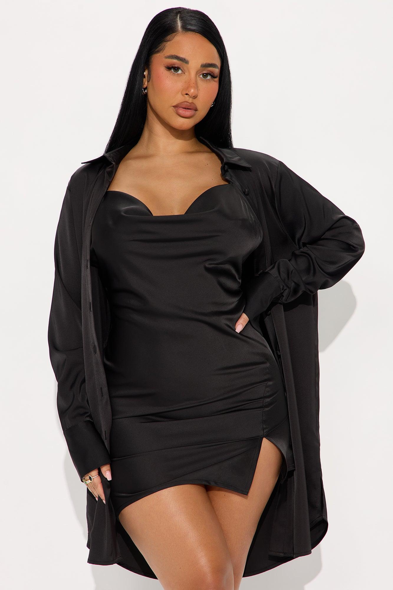 Adria Satin Mini Dress Set - Black Product Image