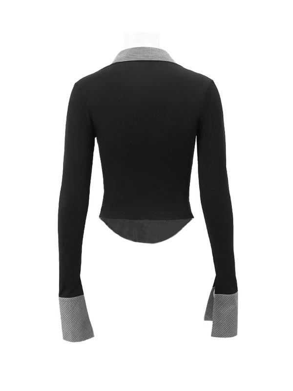 Stripe Splice Polo Neck Long Sleeve Blouse Product Image