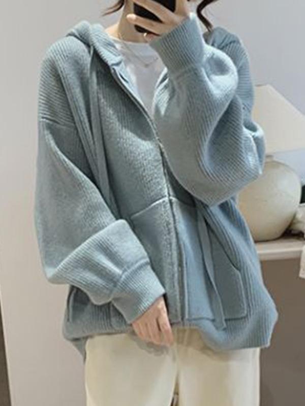Solid Hooded Zip Up Knit Cardigan Product Image