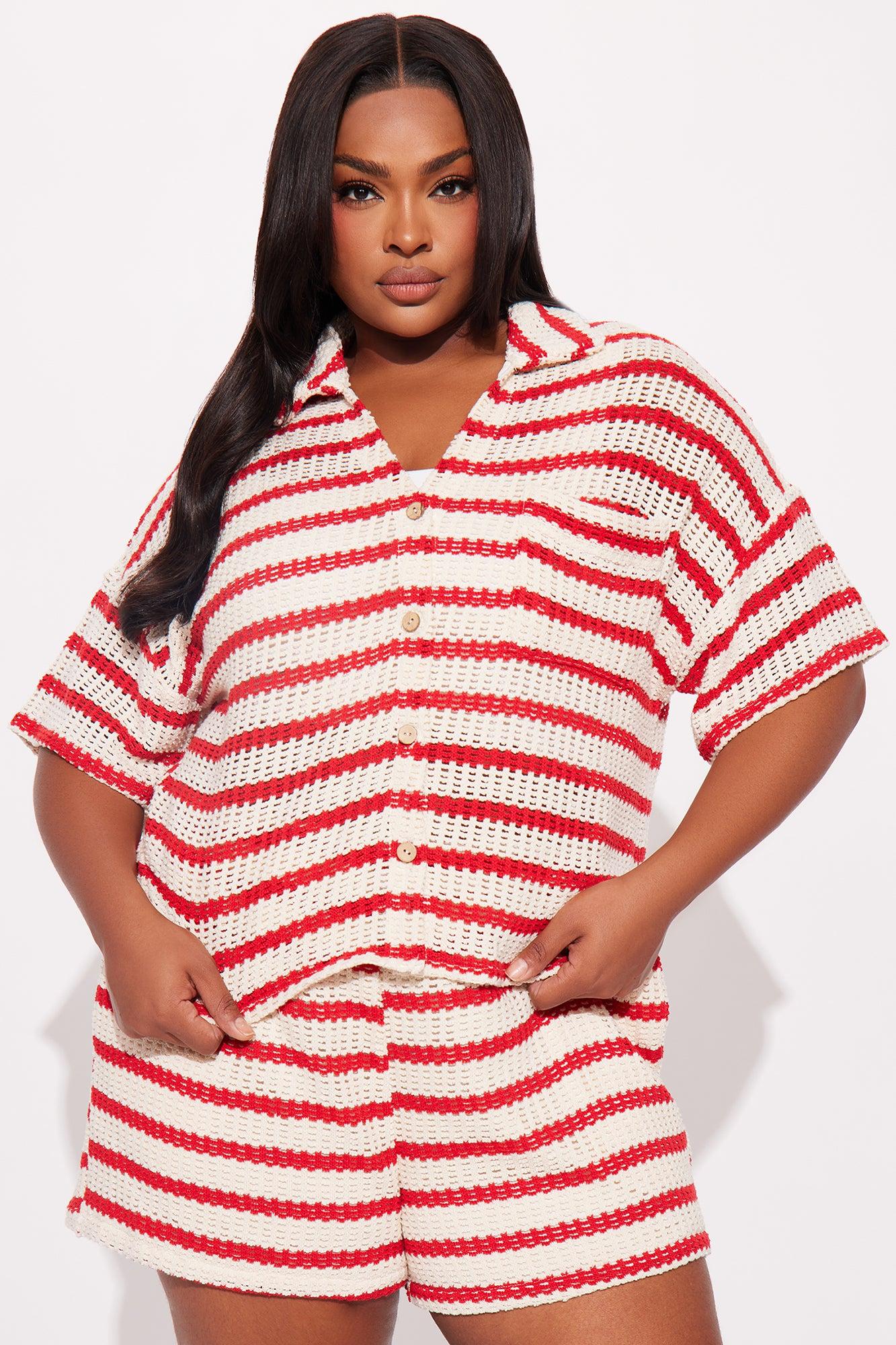Savannah Stripe Crochet Short Set  - Red/combo Product Image