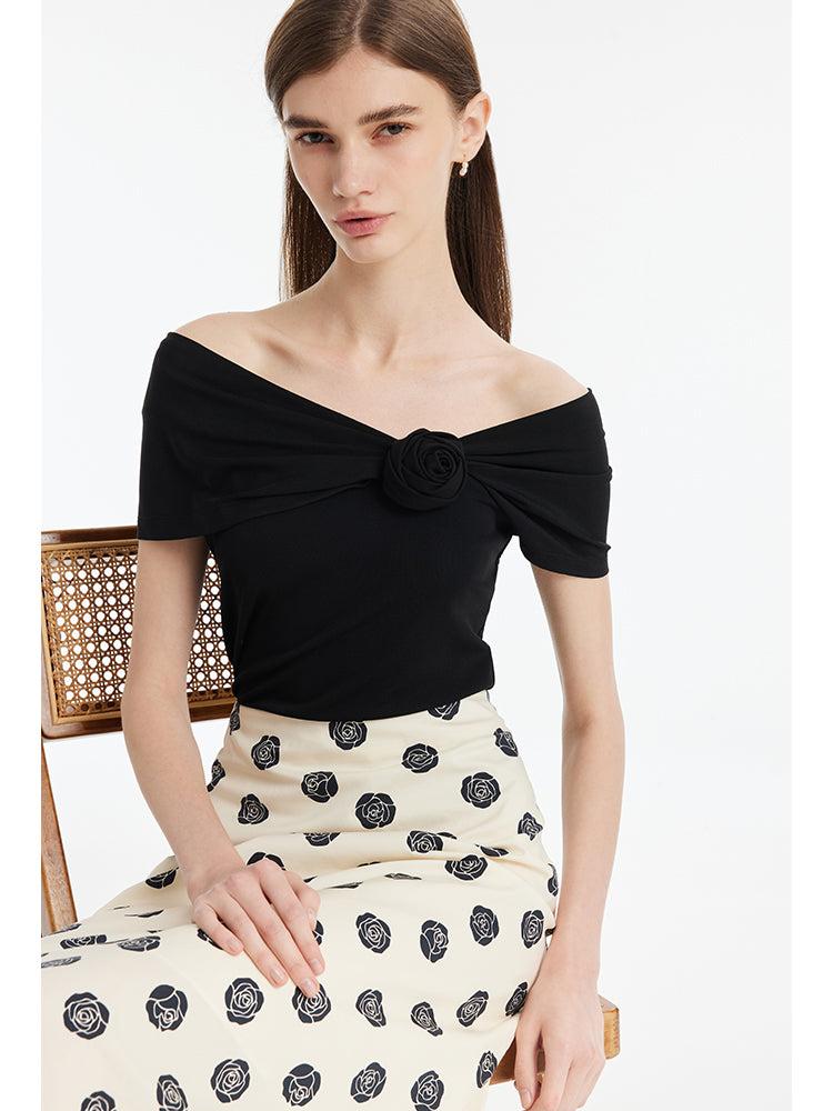 Off Shoulder 3D Rose Knotted Top And Half Skirt Two-Piece Set Product Image