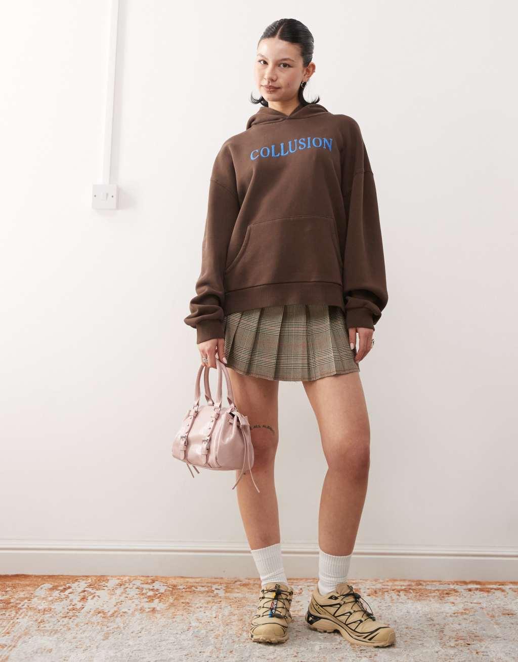 COLLUSION heavyweight embroidered logo hoodie in brown Product Image