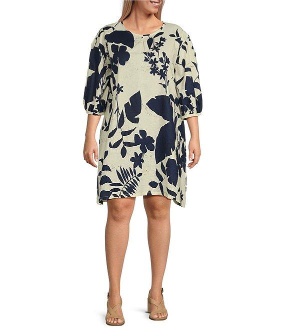 Bryn Walker Plus Size Lucien Foglie Print Linen Blend Round Neck 3/4 Sleeve Dress Product Image