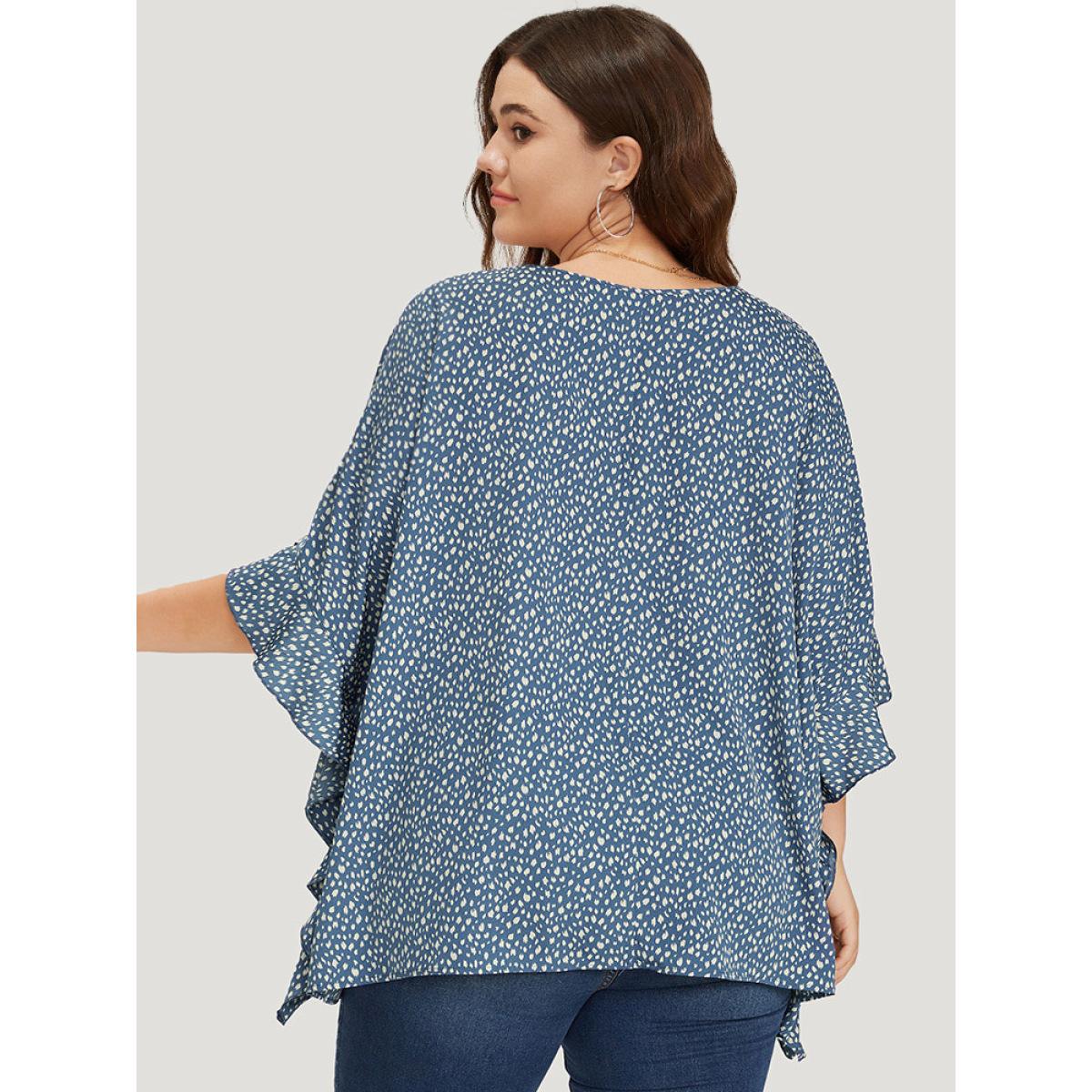 Plus Size Stone Leopard Print Ruffle Trim Asymmetrical Hem Batwing Sleeve Blouse Women Elegant Half Sleeve V-neck Dailywear Blouses BloomChic 10/M Product Image