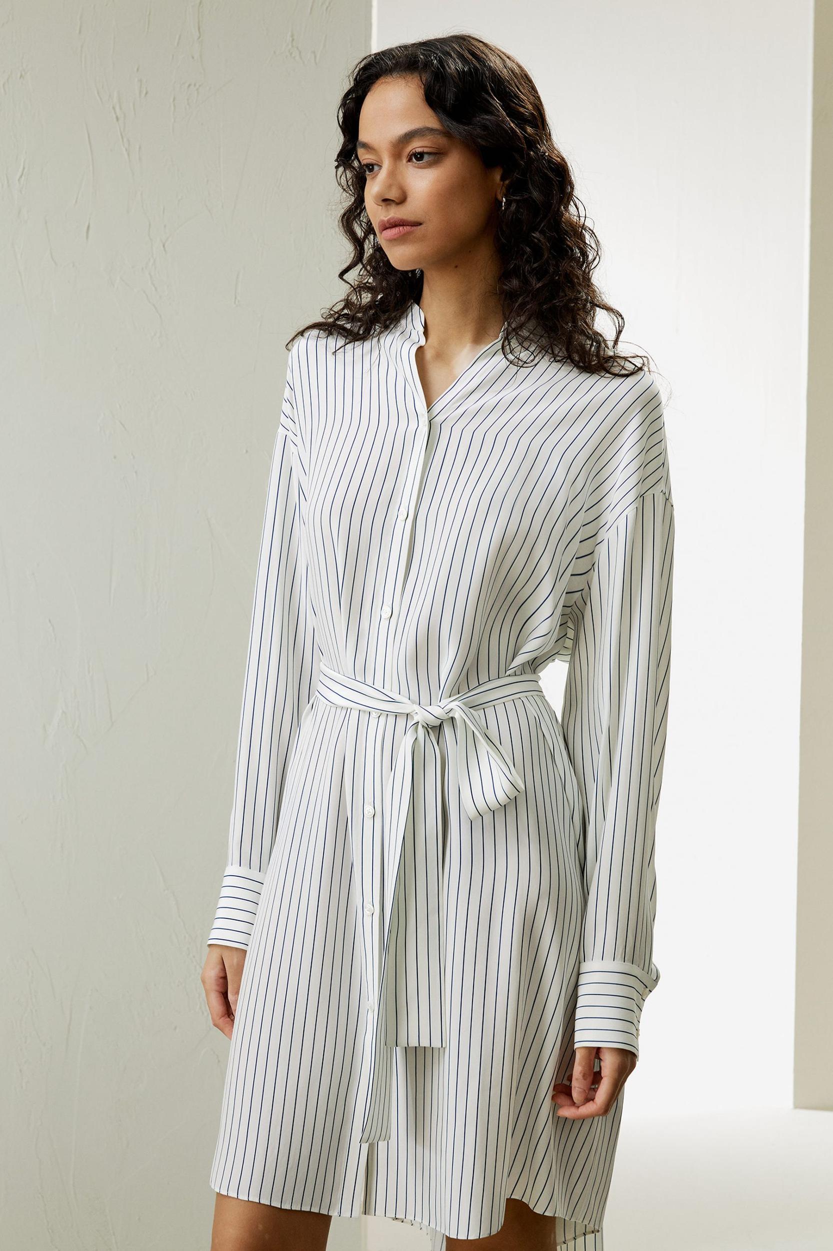 Pinstriped Silk Shirtdress with Belt Product Image
