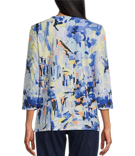 Allison Daley Embellished Tropical Villa Print 3/4 Sleeve Crew Neck Knit Top Product Image