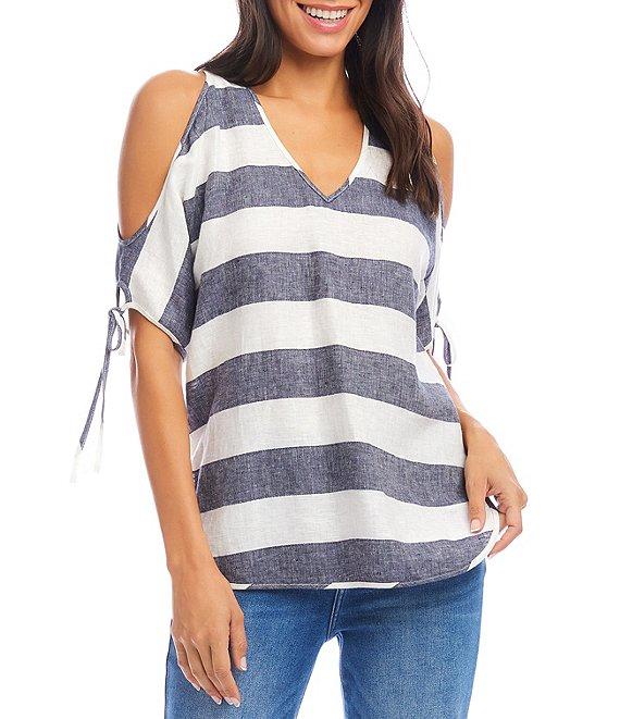 Karen Kane Linen Striped Cold Shoulder V-Neck Short Sleeve Top Product Image