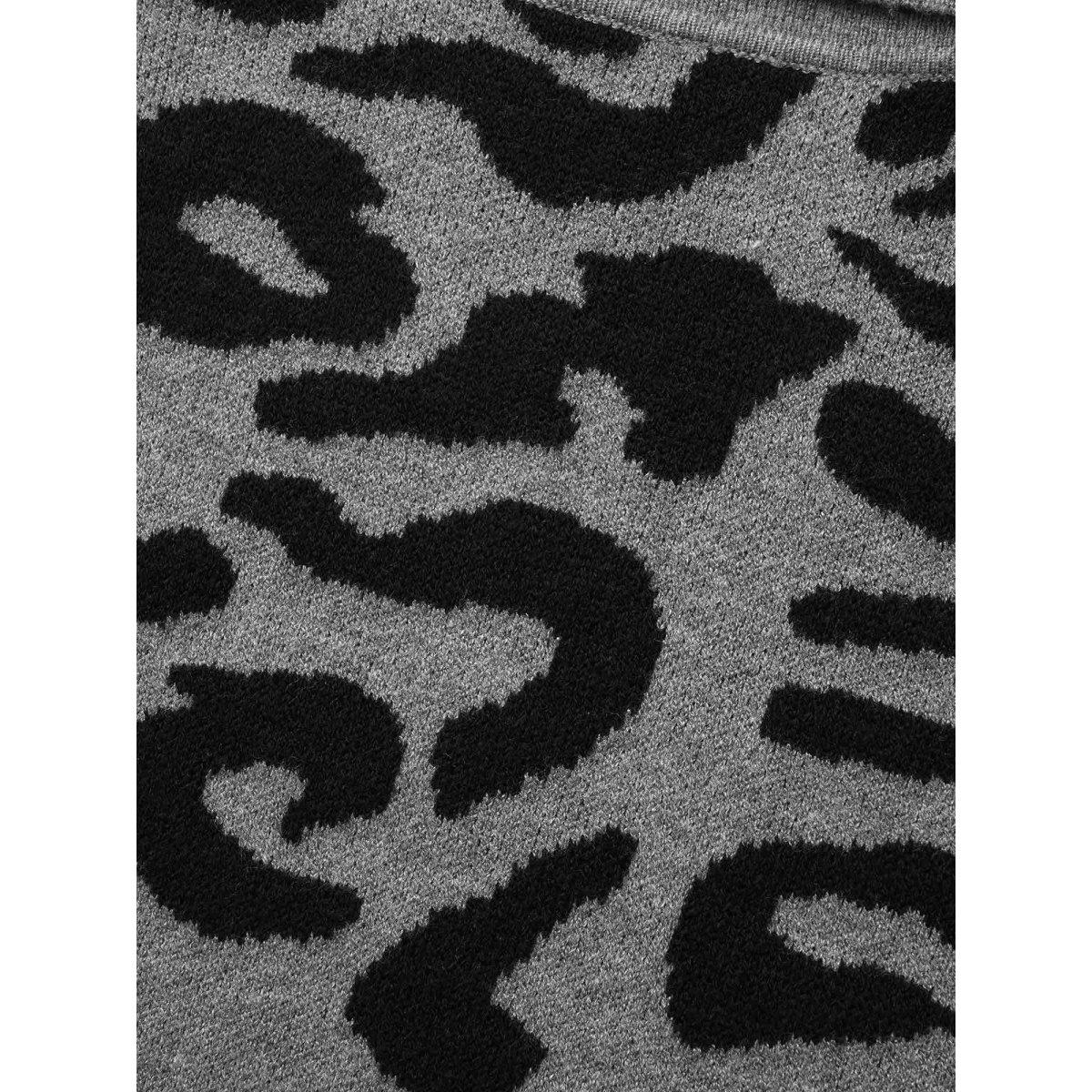 Plus Size Leopard Print Turtleneck Drop Shoulder Sleeve Pullover DarkGray Women Casual Long Sleeve Turtleneck Everyday Pullovers BloomChic 12/L Product Image