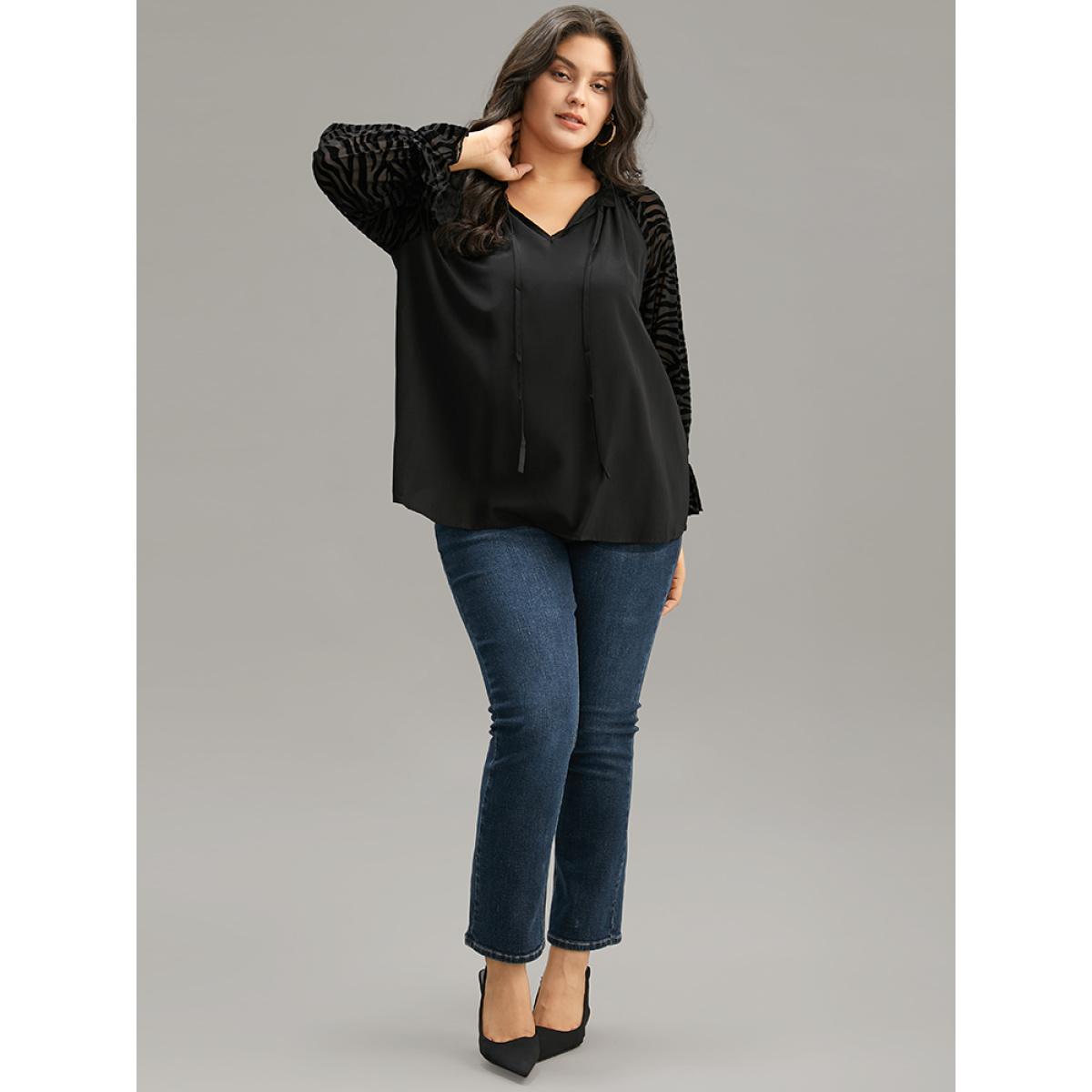 Plus Size Black Halloween Zebra Print Tie Neck Frill Trim Patchwork Blouse Women Elegant Long Sleeve Tie Neck Dailywear Blouses BloomChic 26/4X Product Image