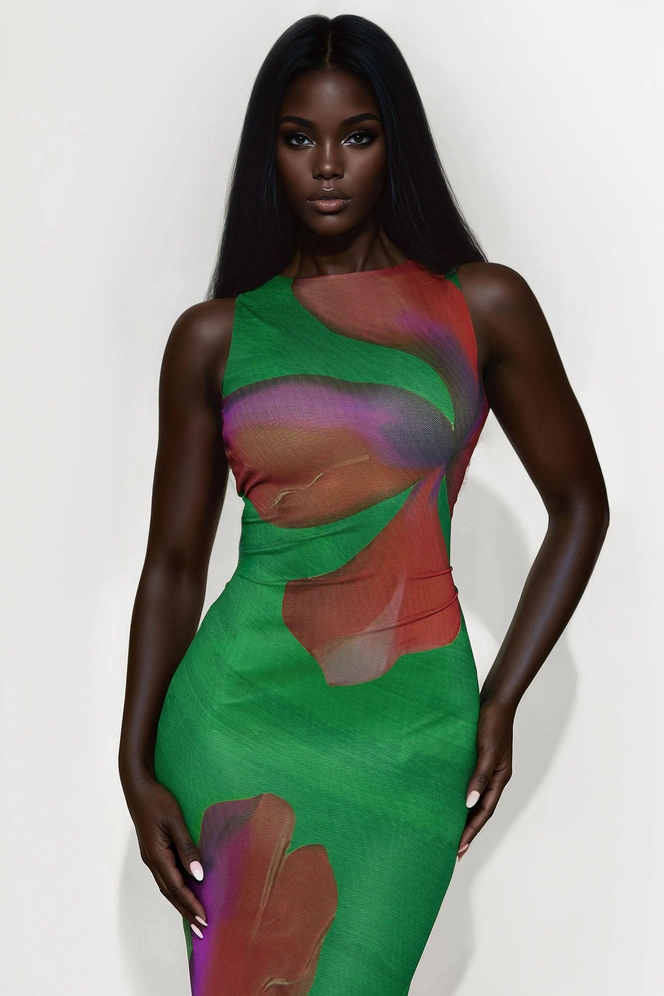 Claudia Backless Mesh Maxi Dress - Green/combo Product Image