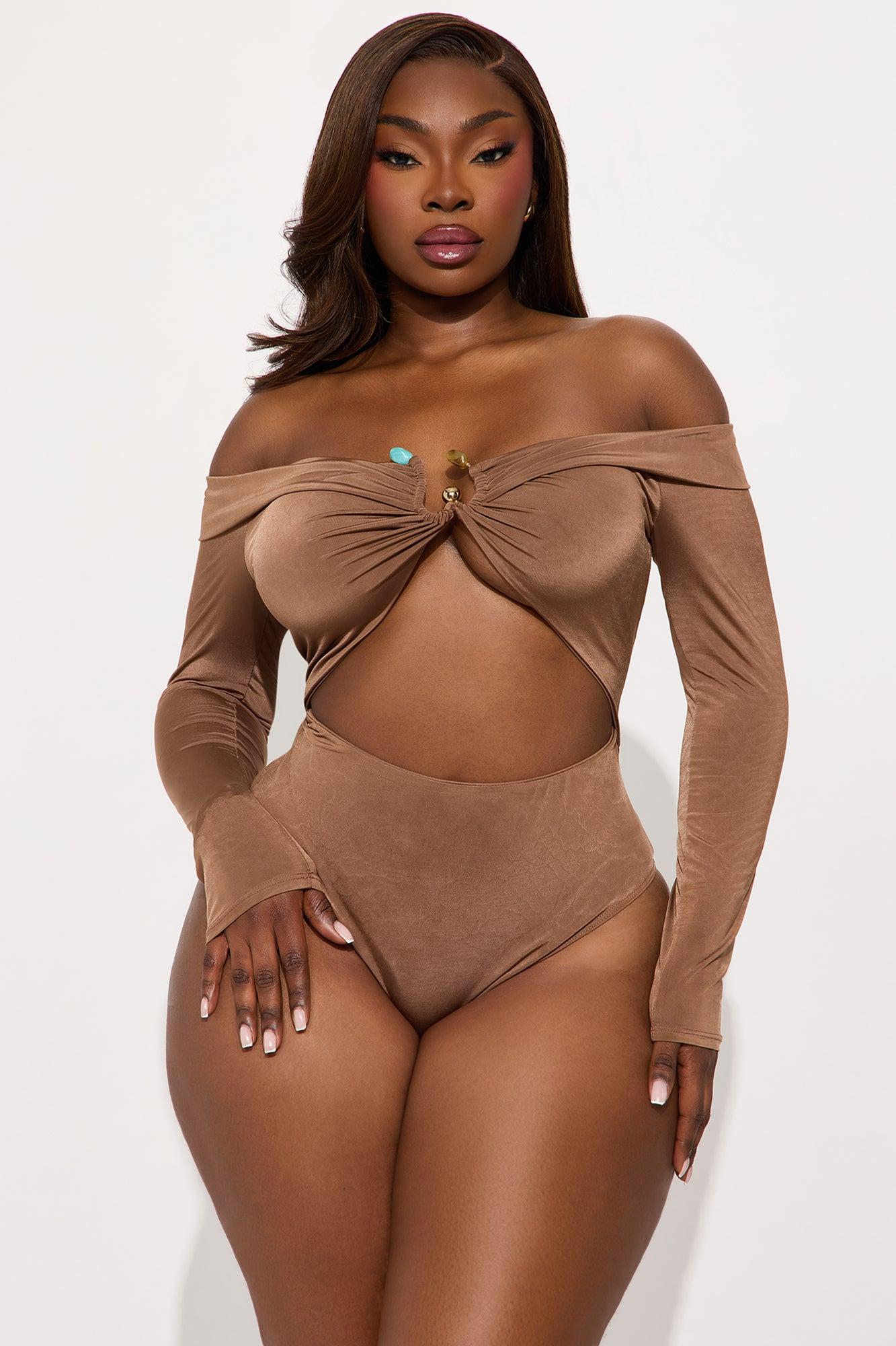 Heidi Off Shoulder Long Sleeve Cut Out Bodysuit - Chocolate Product Image