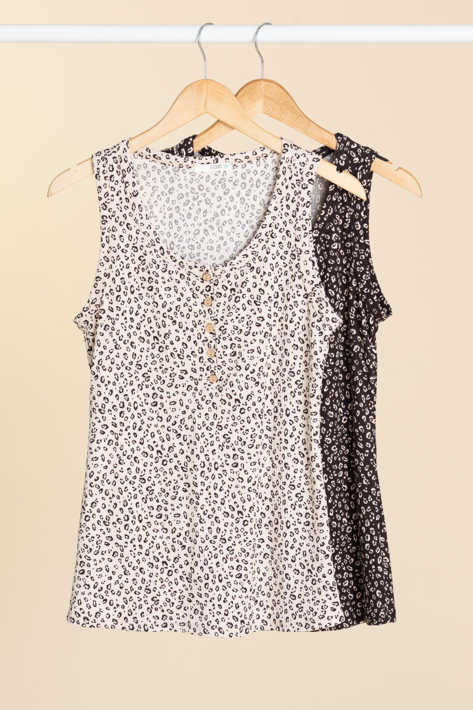 Knit Tank Top With Leopard And Button Detail Product Image