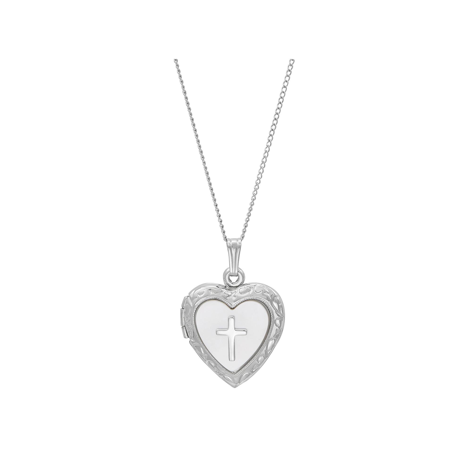 Sterling Silver Mother-of-Pearl Cross Embossed Heart Locket Pendant Necklace, Womens Product Image