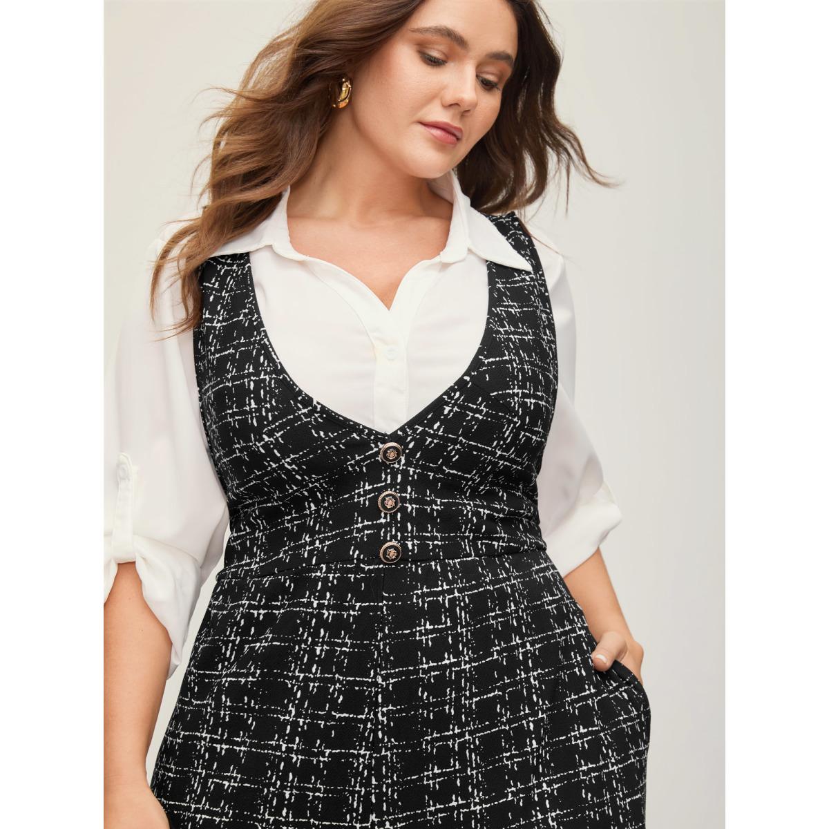 Plus Size Black Plaid Tweed Crisscross Back Button Detail Jumpsuit Women Work From Home Sleeveless Non Work Loose Jumpsuits BloomChic 30/6X Product Image