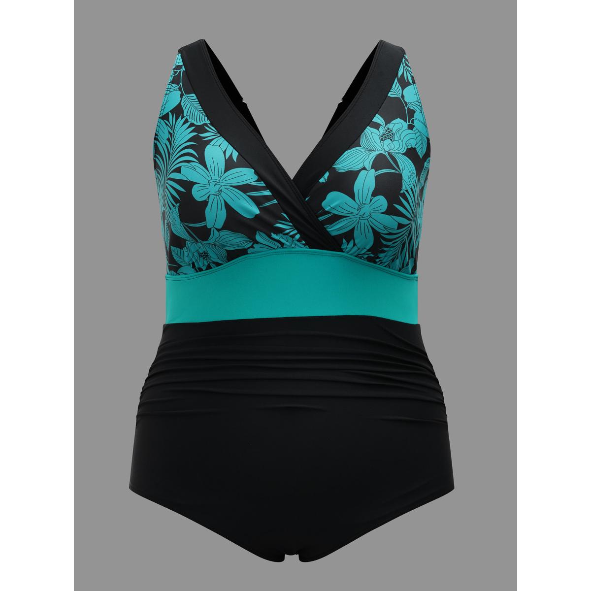 Plus Size Floral Contrast Cross Front One Piece Swimsuit Women's Swimwear Black Beach Gathered Curve Bathing Suits High stretch One Pieces BloomChic 30/6X Product Image