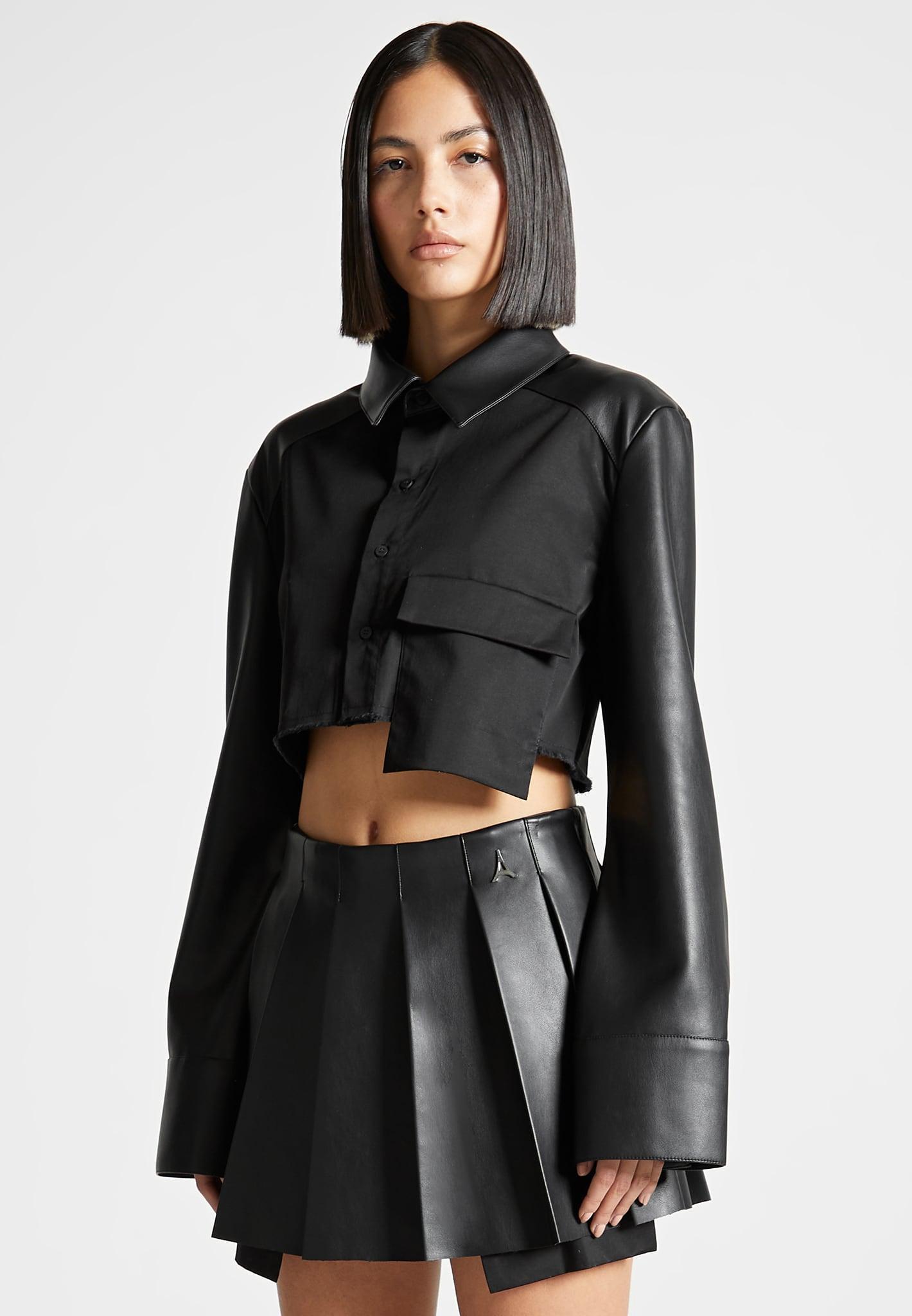 Bernadette - Leather Contrast Cropped Shirt - Black Female Product Image
