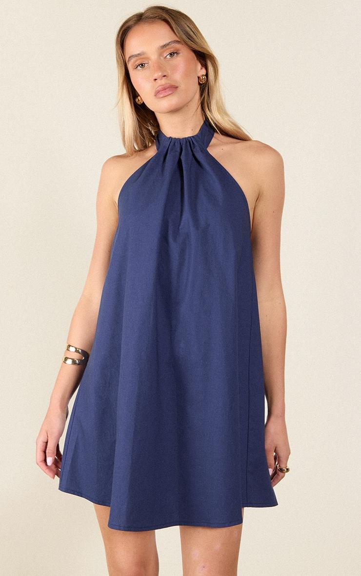 Indigo Blue Linen-Blend Ruched Halterneck Shift Dress Product Image
