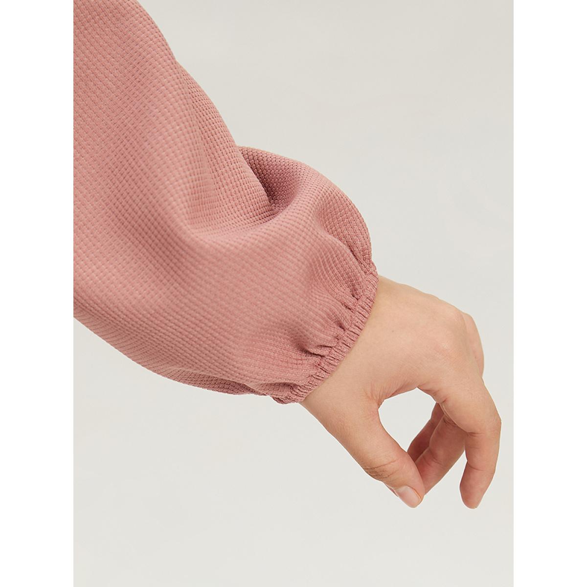 Plus Size Plain Waffle Knit Pleated Texture Ruffle Hem Dress Rouge Women Casual Elastic cuffs V-neck Long Sleeve Curvy Midi Dress BloomChic 30/6X Product Image