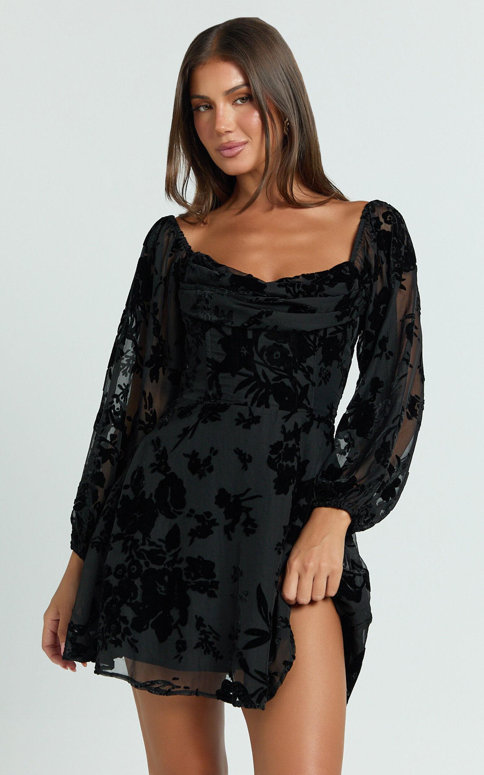 Jessell Mini Dress - Long Sleeve Cowl Corset Dress in Ebony Burnout Product Image
