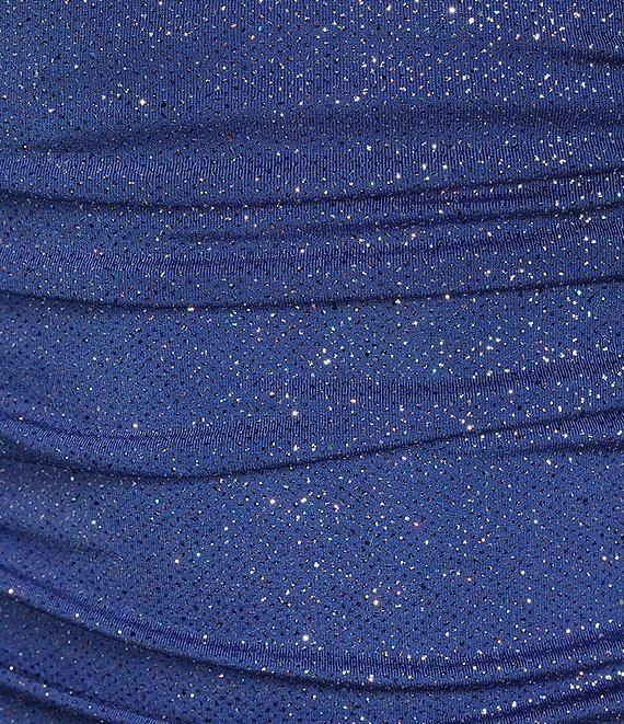 City Vibe Spaghetti Strap Notch Glitter Ruched Lace-Up Back Dress Product Image