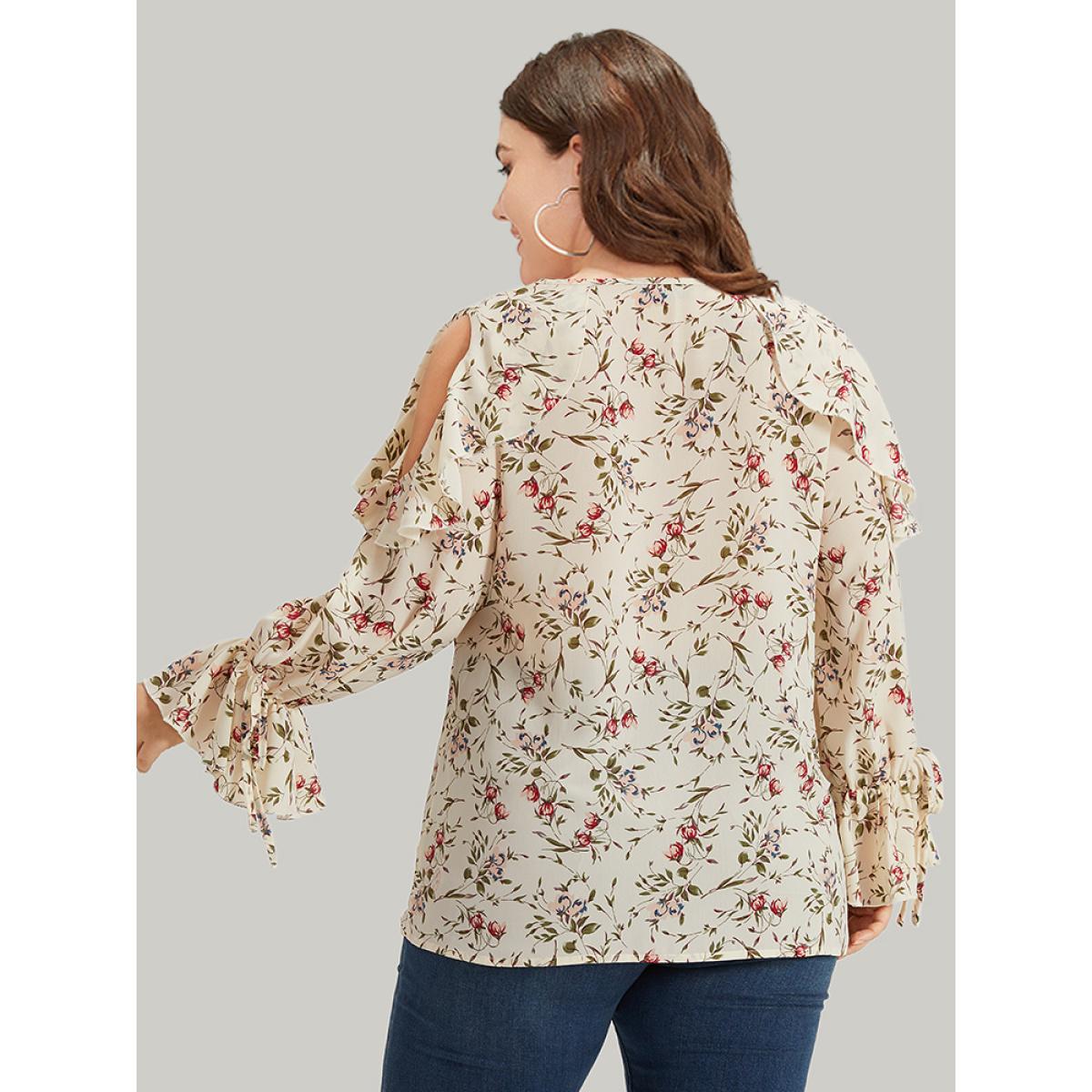 Plus Size Ivory Ditsy Floral Cold Shoulder Ties Ruffle Trim Blouse Women Elegant Long Sleeve V-neck Dailywear Blouses BloomChic 26/4X Product Image